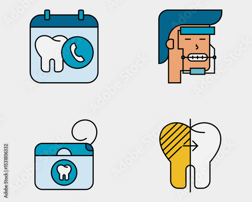 Dental icon set. Containing Dentist appointment, orthodontic headgear, dental floss, Whitening. filled outline icon style.