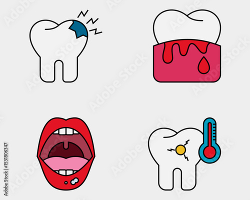 Dental icon set. Containing Toothache, bleeding gum, ulcer, sensitive teeth. filled outline icon style.