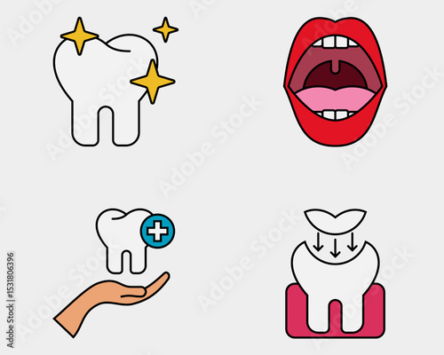 Dental icon set. Containing shiny teeth, oral care, orthodontic treatment, filling. filled outline icon style.