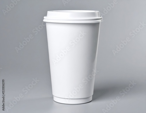 Plain white disposable coffee cup with lid isolated on gray background