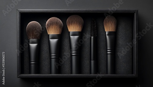 Makeup brush box mockup with sleek black packaging on dark background

 photo