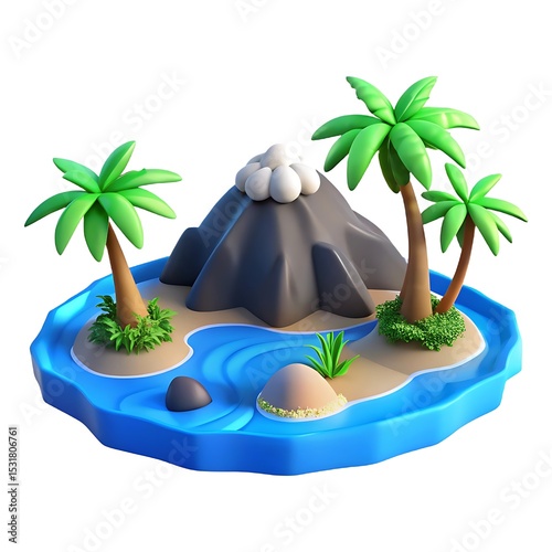 3d cartoon island with volcano and palm trees game asset