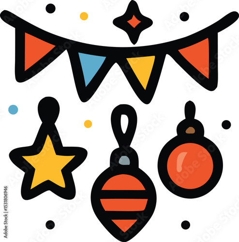 Icon Festive vector art featuring party flags, star and bauble ornaments perfect for holiday celebrations and decoration projects