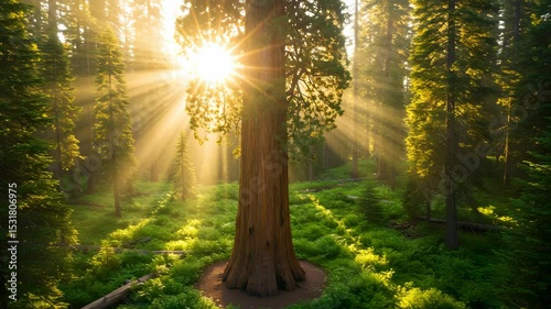 Wallpaper Mural Sunlit Forest Featuring a Majestic Tree with Golden Rays Piercing Through the Dense Canopy and Lush Green Foliage Torontodigital.ca