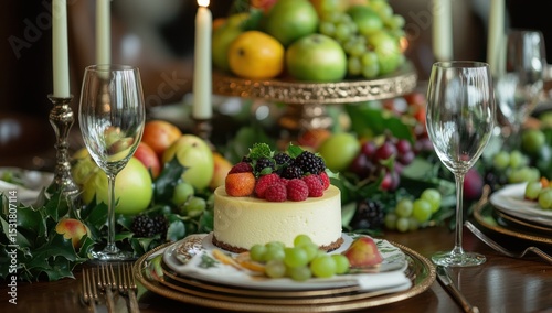 Luxurious dessert table setting with cheesecake and fresh seasonal fruits arrangement