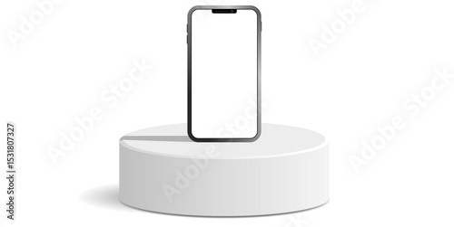 Cylinder white podium stage pedestal and platform with blank smartphone display mockup. Ideal for mobile product showcase, app design preview, or digital device marketing presentation.