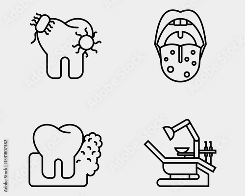 Dental icon set. Containing Tooth bacteria, tongue infection, dental cancer, dentist engine. Outline icon style.