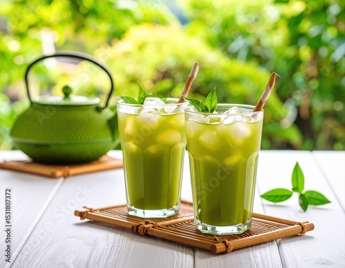 Refreshing green matcha drinks served in tall glasses with fresh mint leaves