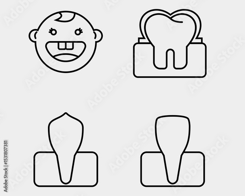 Dental icon set. Containing Baby teeth, enamel, canine, incisor. Outline icon style.
