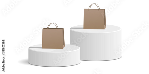 Cylinder pedestal and platform podium stage with blank shopping bag vector. Ideal for product promotion, e-commerce mockup, branding presentation, sale event, and store advertising visuals.