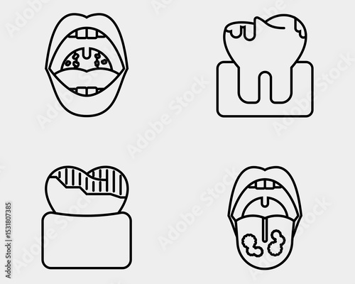  Dental icon set. Containing Tonsillitis, cavity, darkened tooth, thrush. Outline icon style.