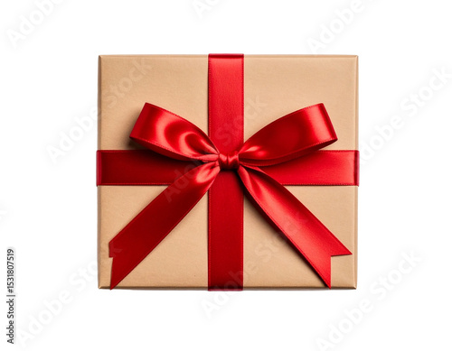 Brown Gift Box with Red Ribbon, Isolated on Transparent Background, top view