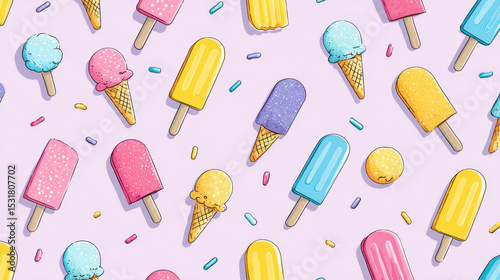 Colorful ice cream cones and popsicles scattered on pastel background create cheerful and playful summer pattern full of sweet treats