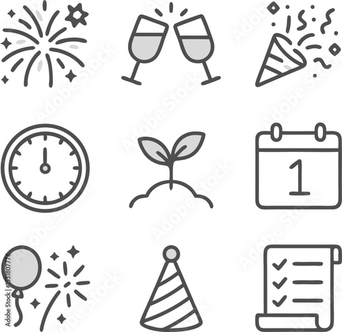 Icon New Year celebration icons set representing fireworks, toasts, goals and resolutions for a fresh start