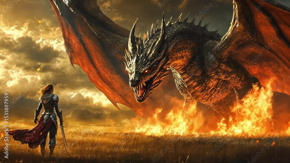 Courageous medieval knight standing fearlessly against massive mythical dragon, battling amid burning landscape during dramatic sunset confrontation, embodying epic struggle between good and evil