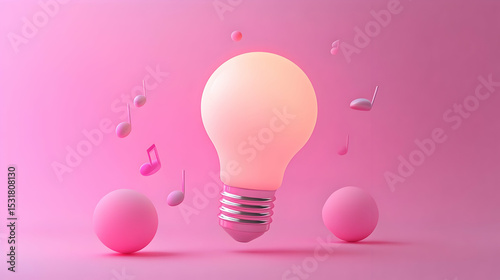 Glowing Lightbulb with Musical Notes on Pink Background
