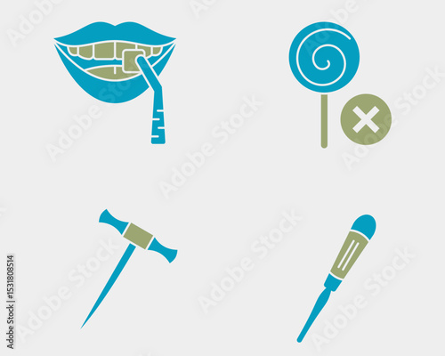 Dental icon set. Containing Veener, no candy, Cryer elevator, dental bein root elevator. Solid dual color icon style