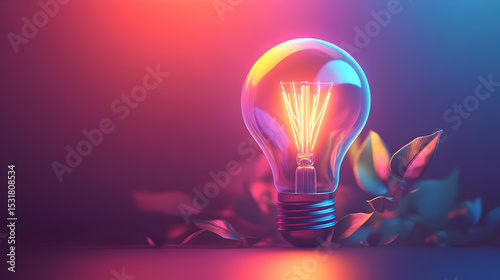 Glowing Lightbulb with Plants in Red and Blue Neon Light