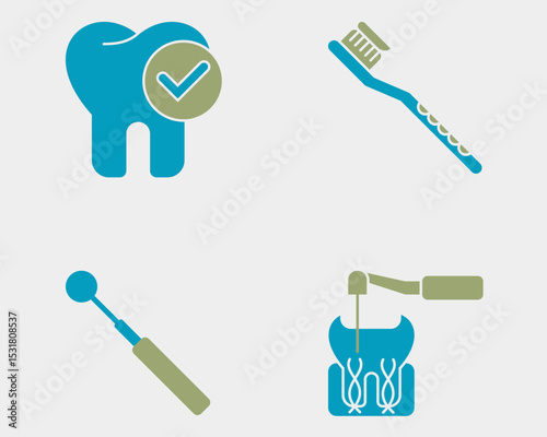Dental icon set. Containing Dental checkup, tooth brush, root canal treatment, mouth mirror. Solid dual color icon style