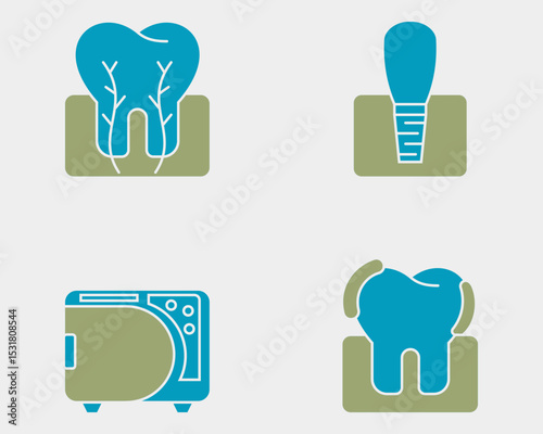 Dental icon set. Containing Tooth cross section, manicure, autoclave, plaque. Solid dual color icon style