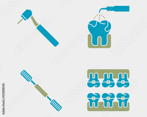 Dental icon set. Containing dental braces, scalling, rasp, dental drill. Solid dual color icon style