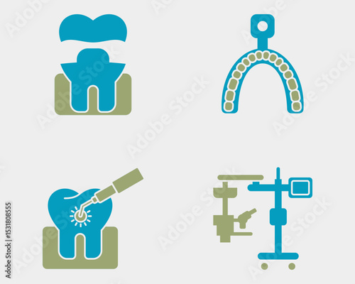 Dental icon set. Containing Gold crown, molds, Dental laser, surgical microscope. Solid dual color icon style