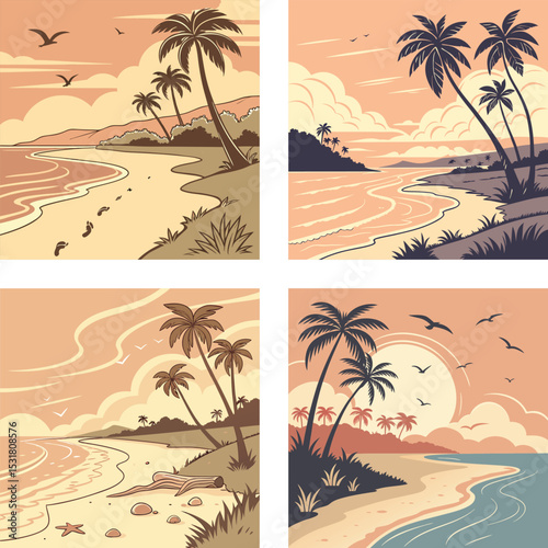 Sunset over a peaceful beach with waves lapping the shore. 

