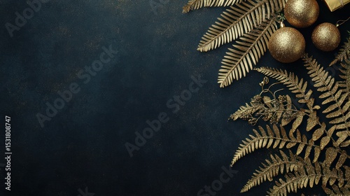 Festive golden foliage and baubles arrangement on a deep dark background