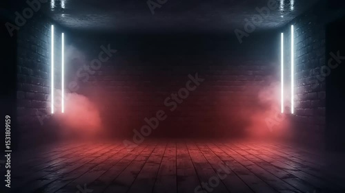 Neon light illuminated interior room with wooden floor