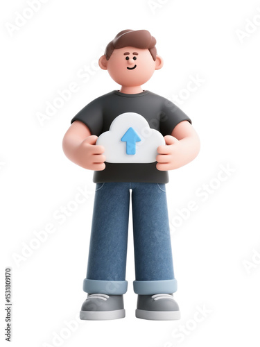 3D cartoon young developer using laptop with code symbol, wearing hoodie and sneakers, isolated on white background