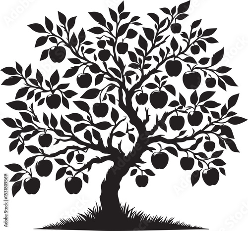 apple tree vector, apple tree vector illustration, tree silhouette vector