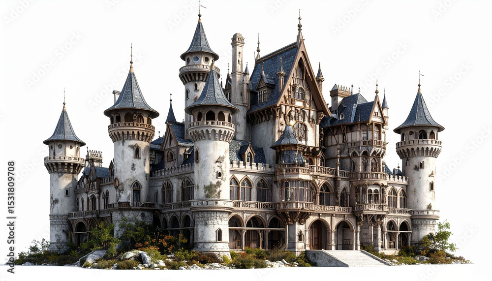 Fototapeta premium Majestic Medieval Castle Architecture Stock Photo A Fairytale Stone Castle with Towers and Balconies