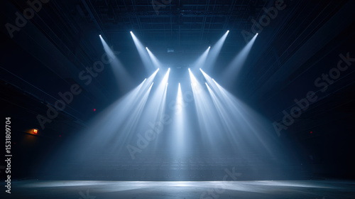 Bright stage lights shining down in dark empty theater creating dramatic beams and atmospheric setting for performance or event