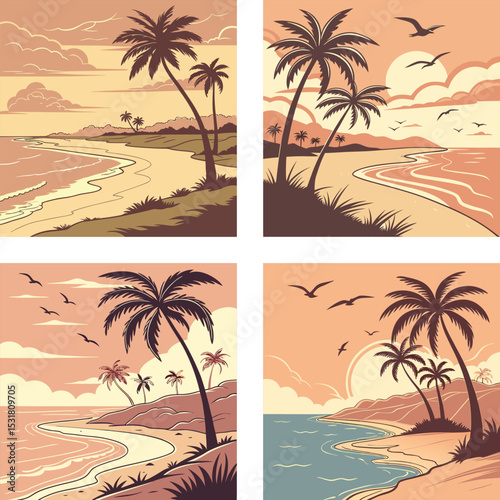 Sunset over a peaceful beach with waves lapping the shore. 
