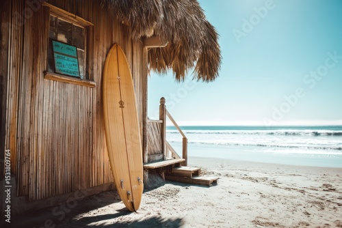 Bamboo surfboard leaning against the beach hut, the clear sky creating a perfect beach day vibe.