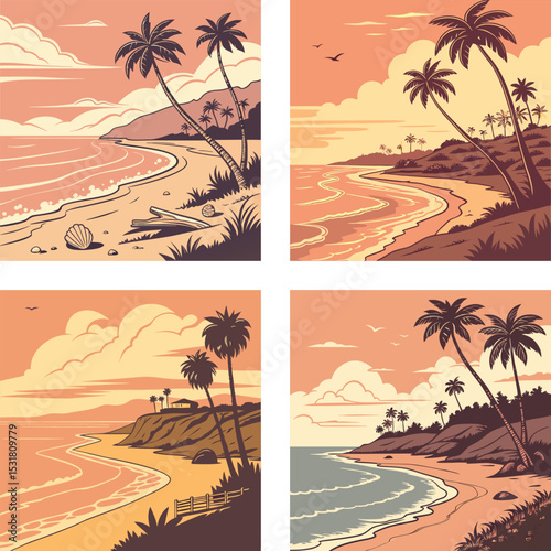 Sunset over a peaceful beach with waves lapping the shore. 
