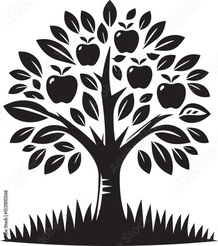 apple tree vector, apple tree vector illustration, tree silhouette vector