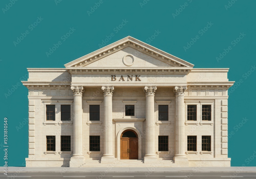 Obraz premium A classical bank building features a grand facade with stone columns and a large wooden door