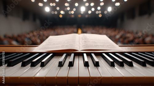 Piano keyboard with sheet music in concert hall, blurred audience and bright stage lights creating focused and inspiring atmosphere