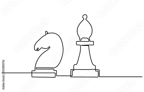 Single one line drawing chess pieces aligned, luxury hand drawn or engraving. King, Queen, Bishop, Knight, Rook, Pawn. Leader success concept. Continuous line draw design graphic vector illustration