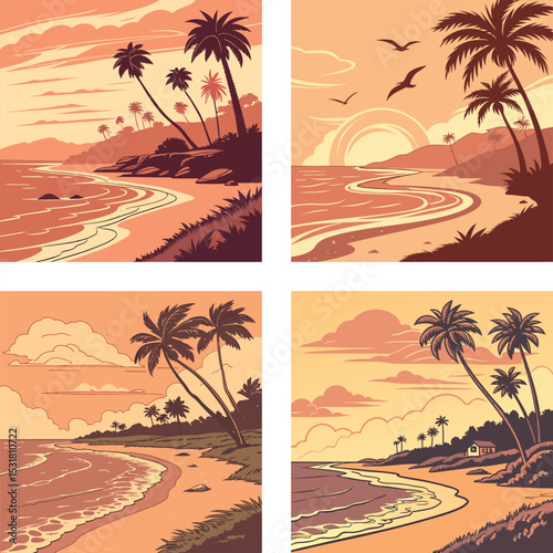 Sunset over a peaceful beach with waves lapping the shore. 
