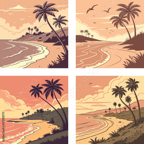 Sunset over a peaceful beach with waves lapping the shore. 
