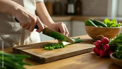 Person chopping green onions on a wooden cutting board in a kitchen.