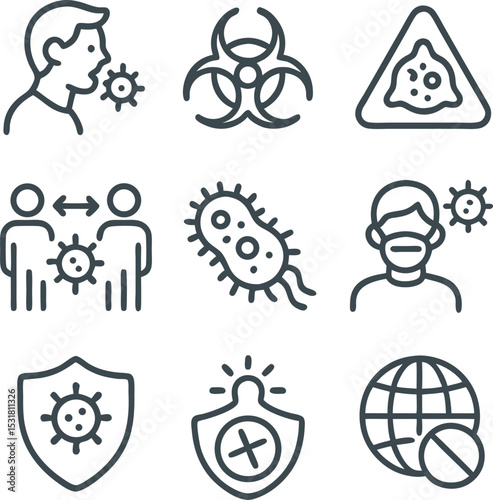 Icon Set of Coronavirus Prevention Vector Icons Featuring Social Distancing, Mask, Virus Shield, and Global Pandemic
