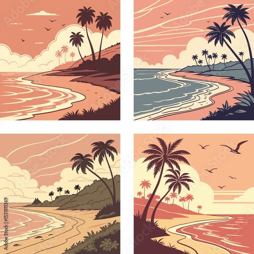 Sunset over a peaceful beach with waves lapping the shore. 
