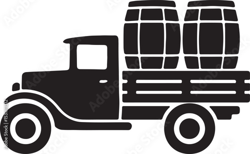 vintage truck with wooden barrels silhouette transport vector illustration.