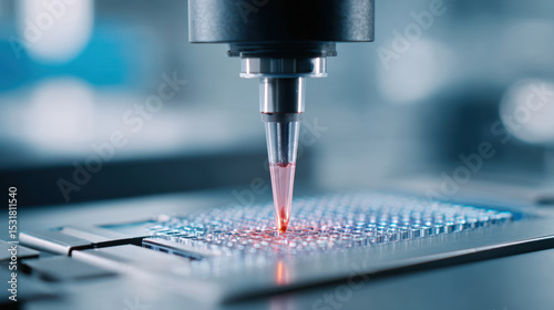 Close up of laboratory pipette dispensing red liquid into microplate well for scientific research and analysis
