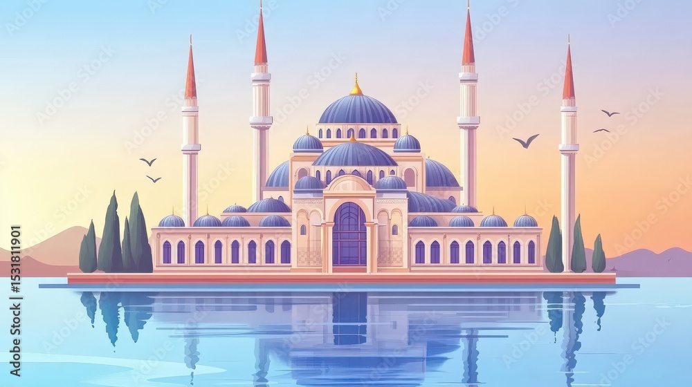 Obraz premium Majestic Mosque with Blue Dome and Minarets at Sunrise Reflection