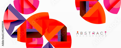 Geometric shapes overlap, creating vibrant abstract composition. Red, pink, purple hues dominate white background. Modern design element.