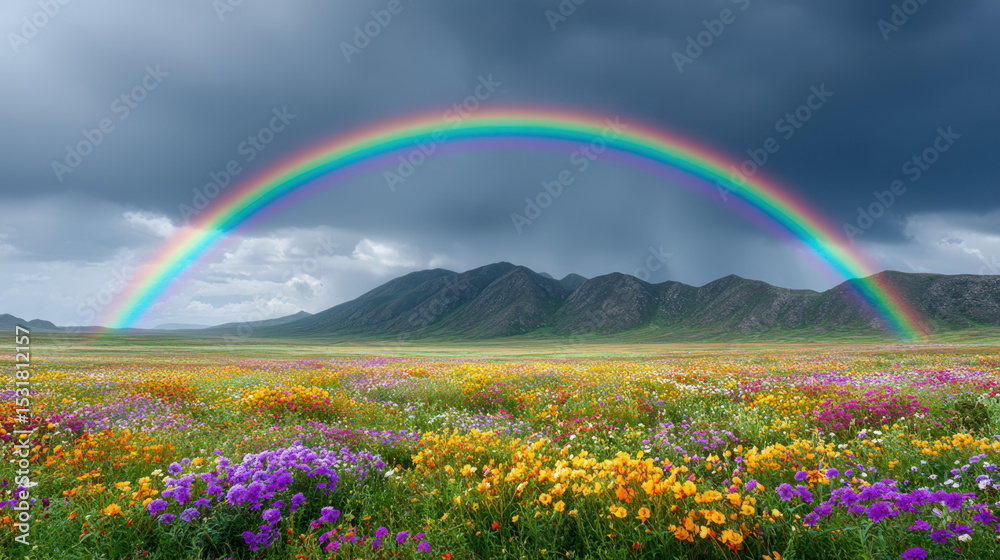Naklejka premium Rainbow arching through rainclouds above blooming wildflower field with mountains in background, creating vibrant and peaceful scene